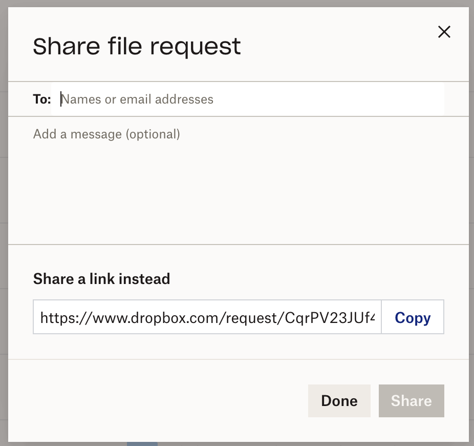 Sharing the Dropbox file request by email or using a link