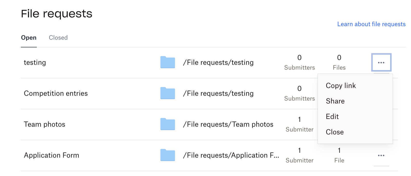 Manage file requests from the dashboard