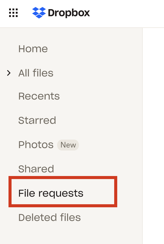 Dropbox file request link on the side menu