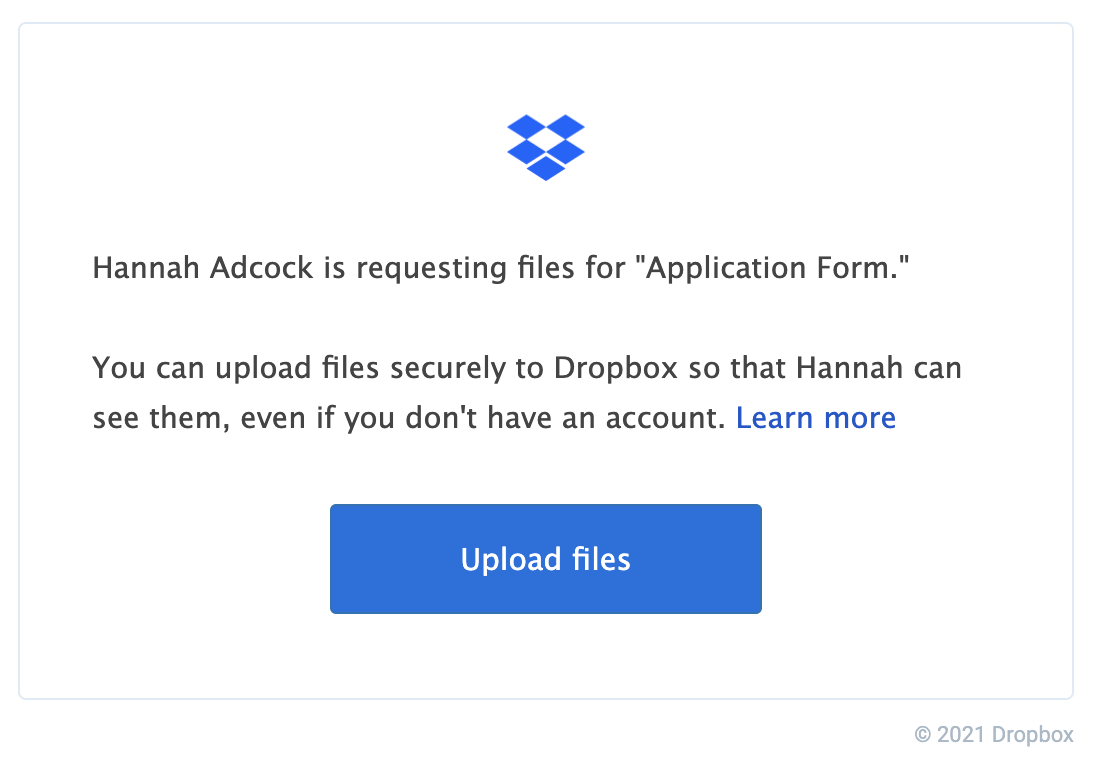 Dropbox File Requests Email Example