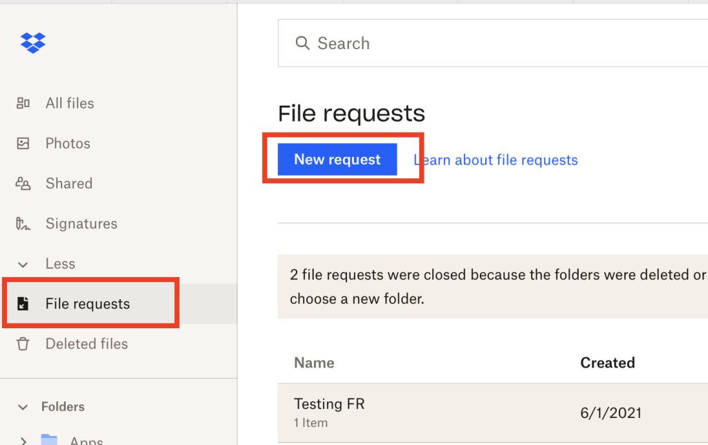 Create a dropbox file request