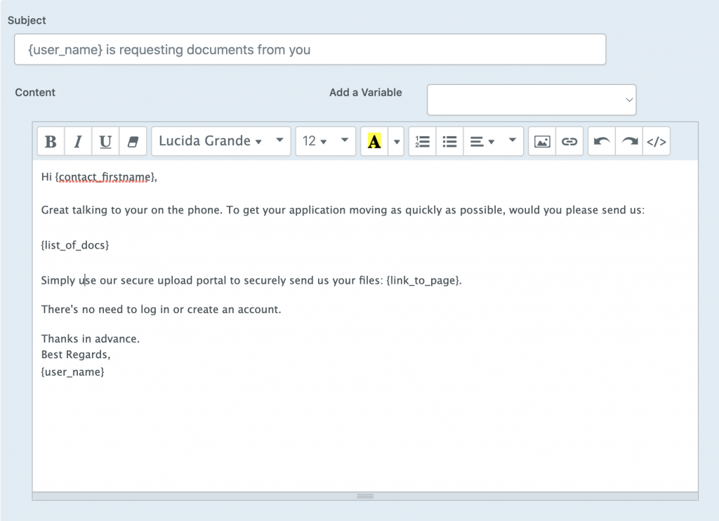 Example of an automated email