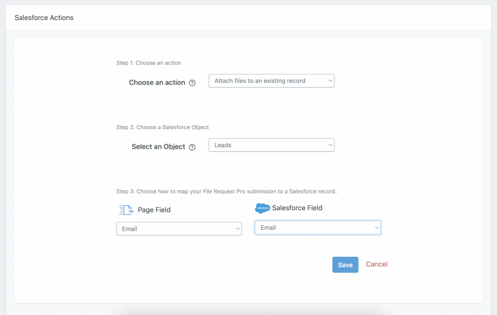 FRP interface showing how you can connect to Salesforce