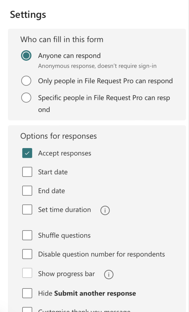 Anonymous ms forms settings