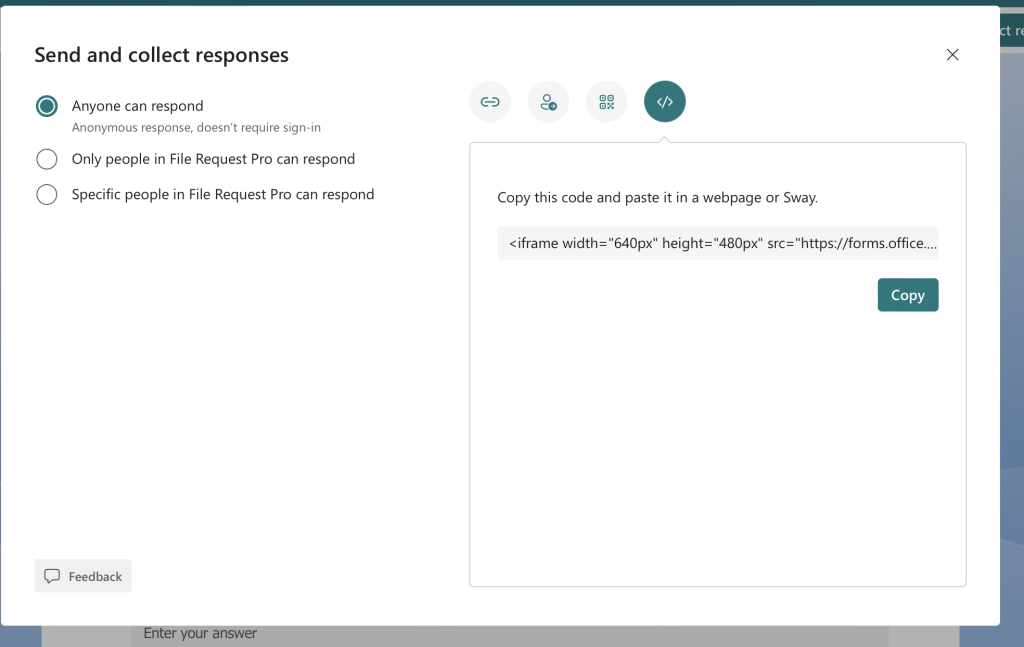 Microsoft forms - Embed code for website