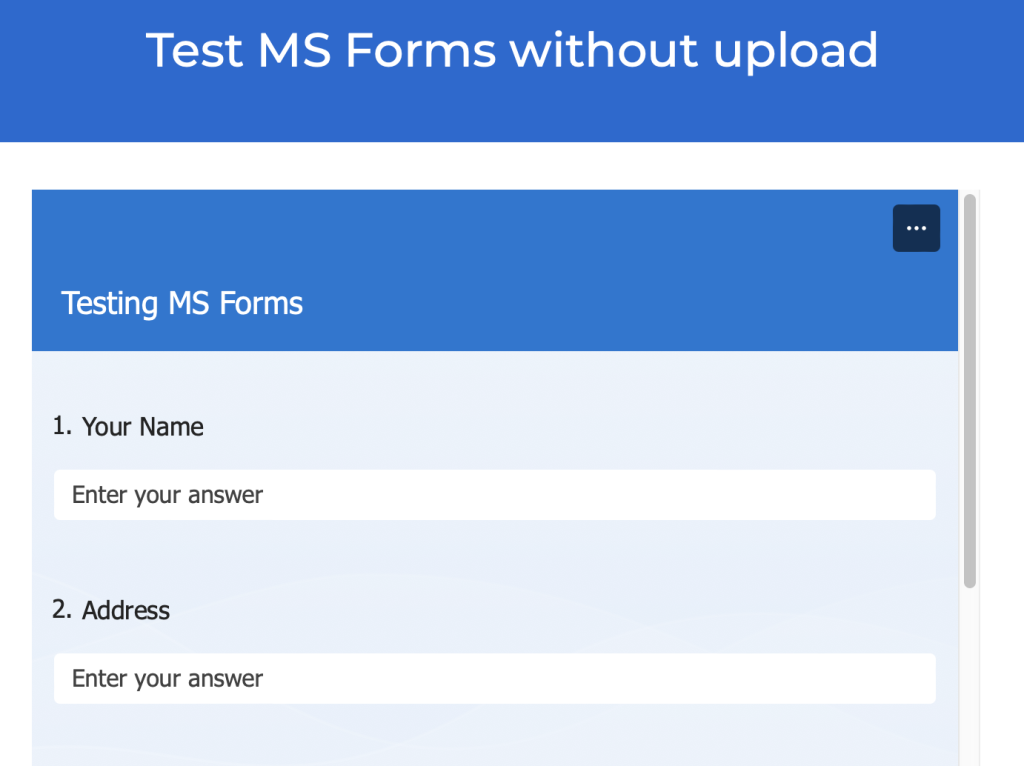 Example of embedded Microsoft forms.