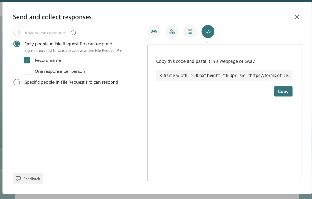 Microsoft forms - Embed code