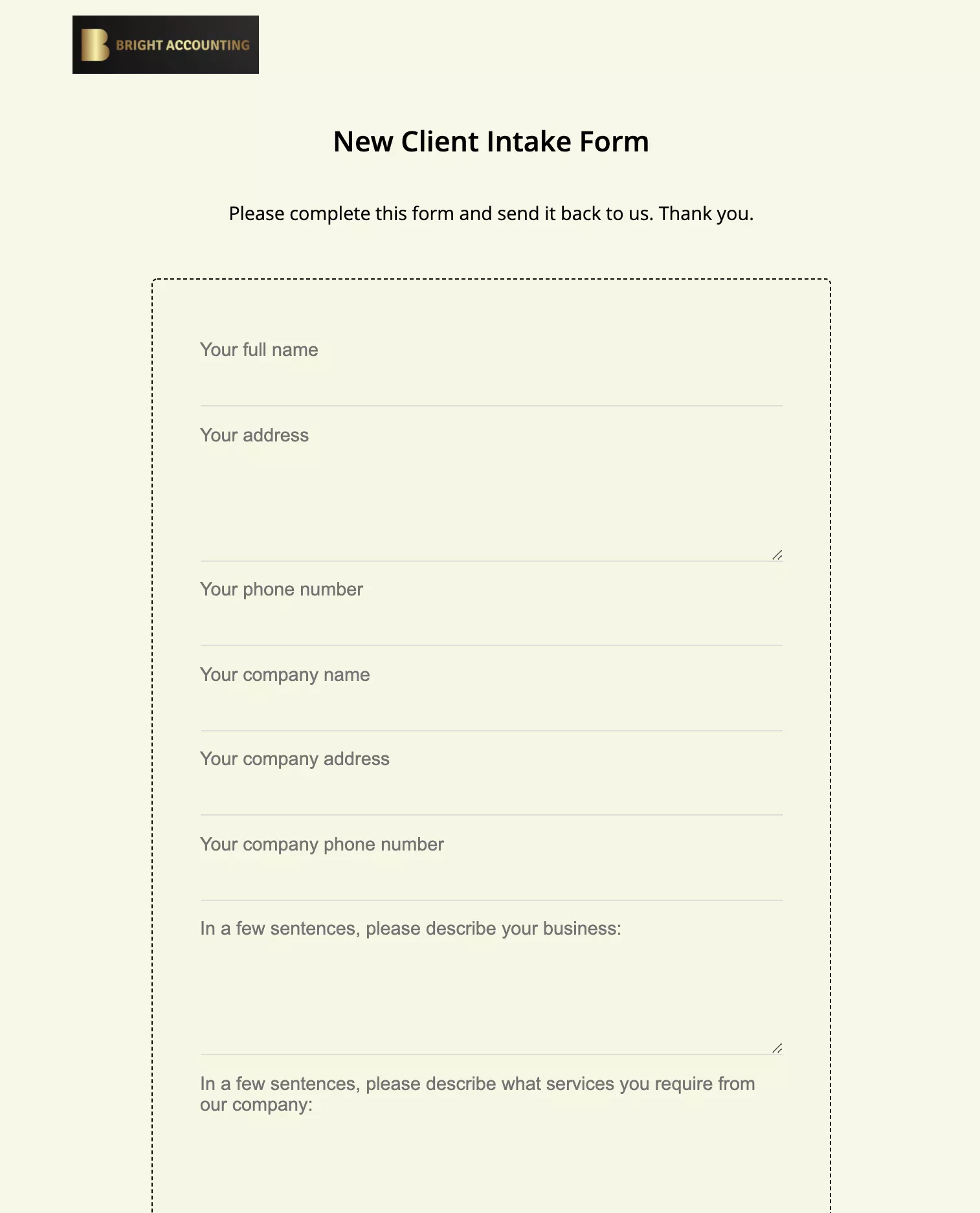Accounting client intake form