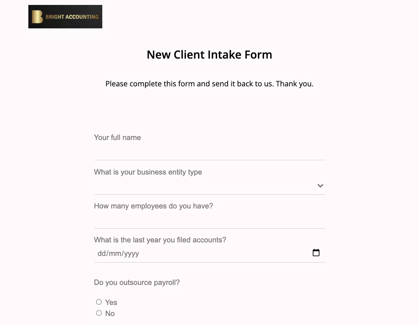 Example of client intake form