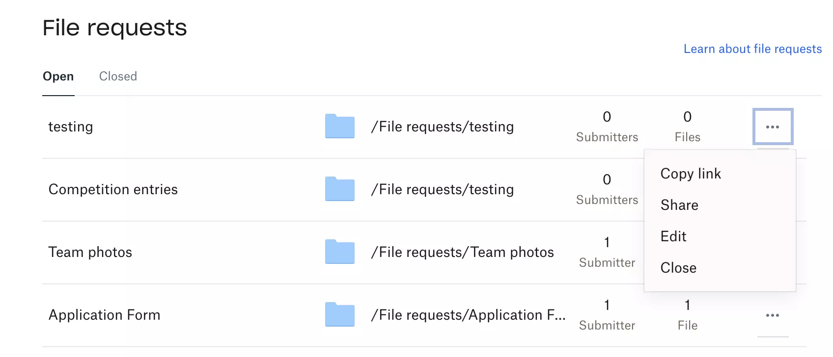 Manage file requests from the dashboard