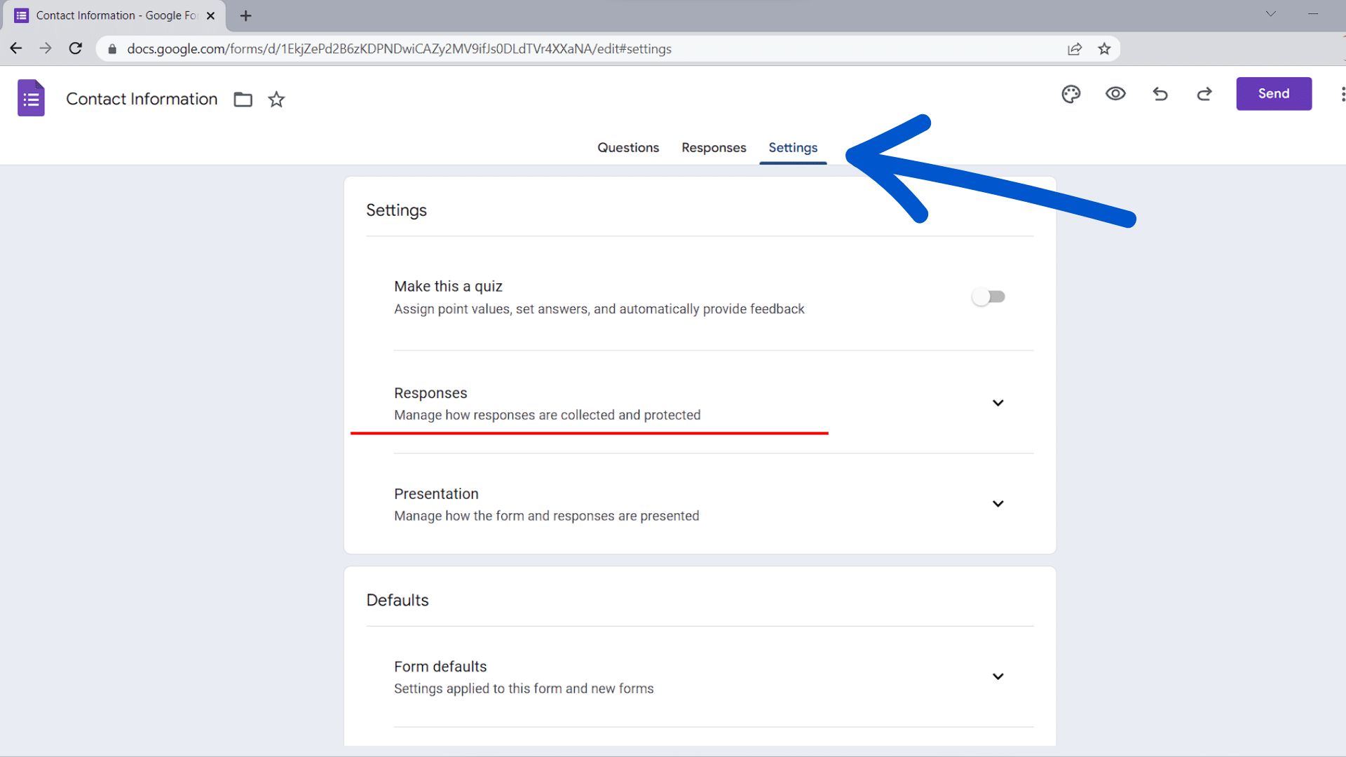 Google Forms Settings tab