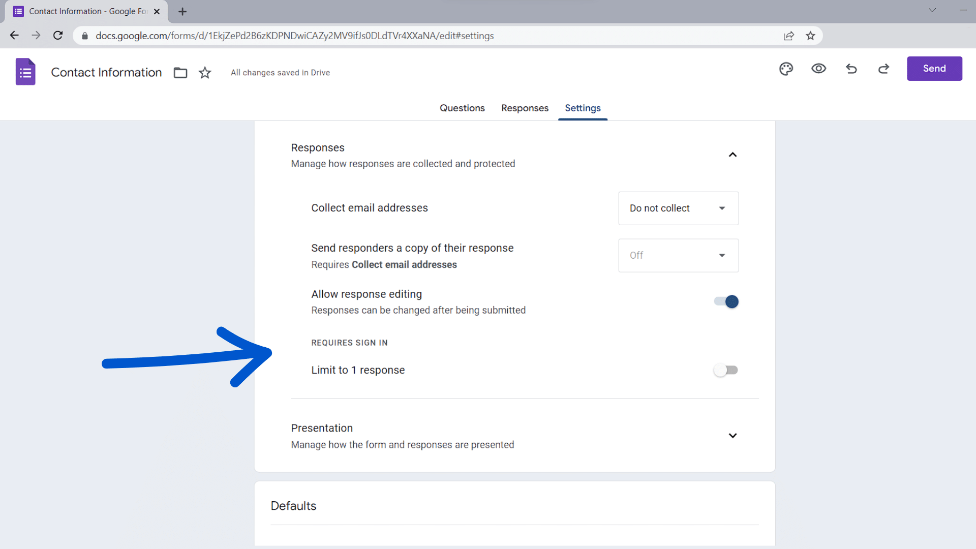 Google Forms Responses settings showing sign-in options