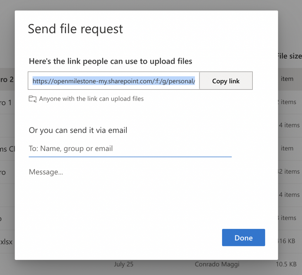 OneDrive file request link dialog with description field
