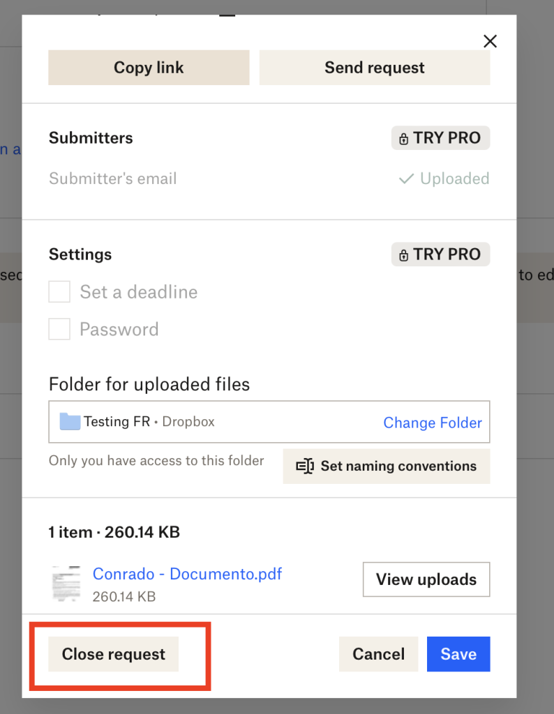 Close dropbox file request