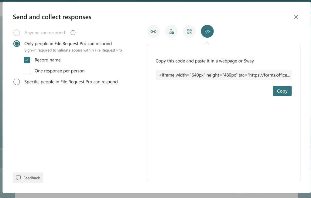 Microsoft Forms embed code dialog