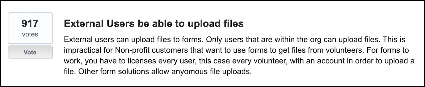 Feedback on Microsoft Forms about inability to upload files from external people